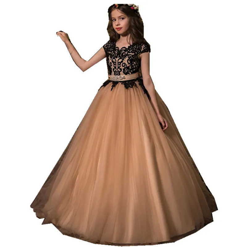 Novos vestidos de baile da menina de flor vestidos de princesa aniversários festa de casamento quente tule boné mangas dupla v-neck rendas apliques