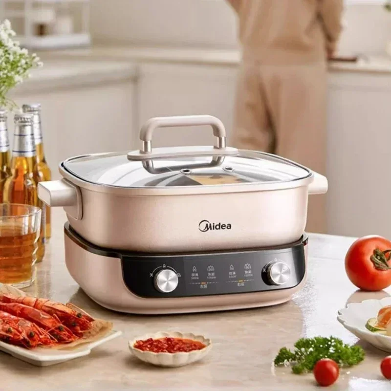 Midea หม้อ6.5L ไฟฟ้าสองรสชาติ220V หม้ออเนกประสงค์2000หม้อหุงต้มแบบไม่ติดหม้อไฟฟ้าแยก