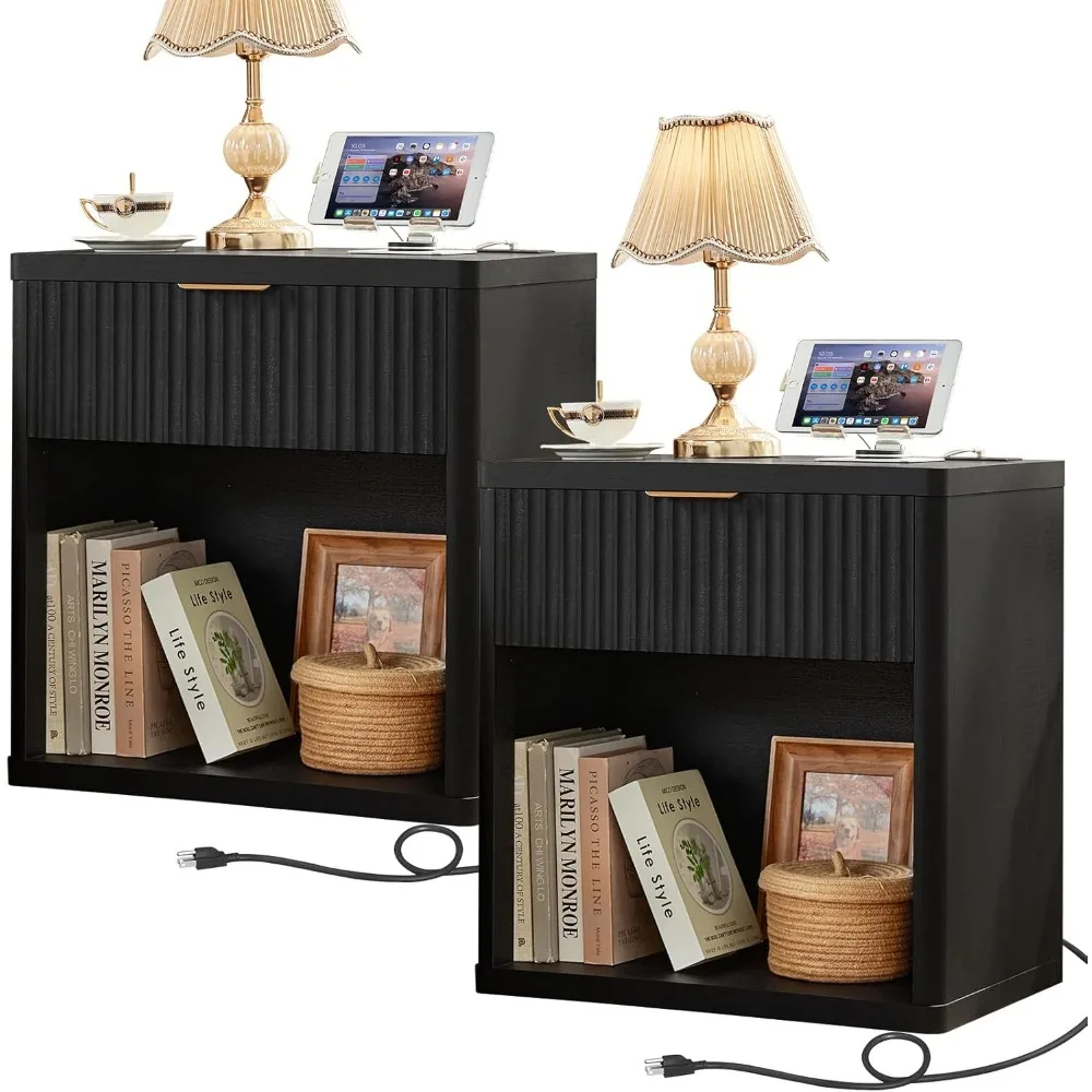 

Fluted Farmhouse Nightstand Set of 2 with Charging Station, 23 Wide 1 Drawers End Table,Black Dresser for Bedroom,Bed S