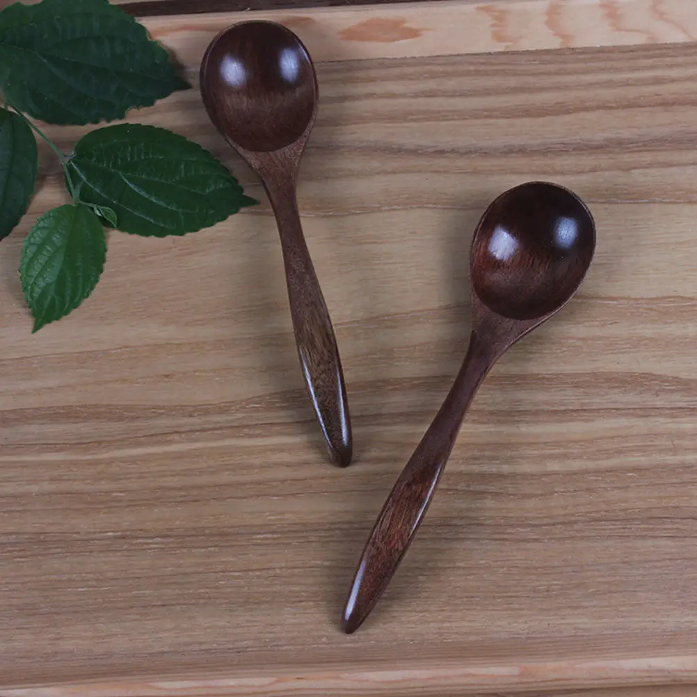 

2Pcs Wooden Spoon Set Smooth Natural Wood Dessert Soup Rice Spoon for Home Restaurant Coffee Shop Kitchen Tableware Bent Handle