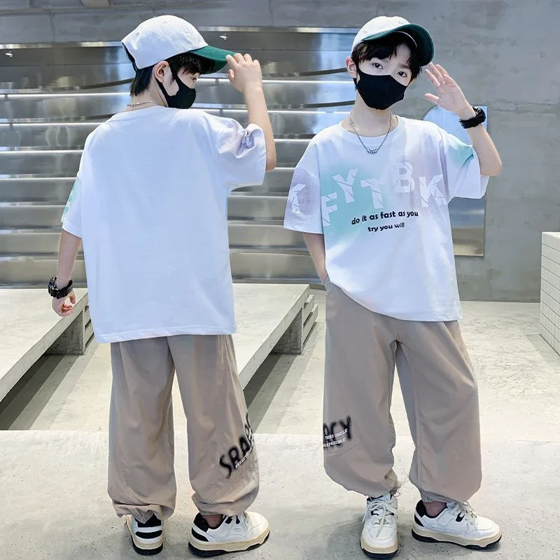 2026 Spring Boys Clothes Children Set Teenager Letters Loose Short Sleeve Top T-Shirt + Long Pants 4 8 10 12 14 Year Tracksuit