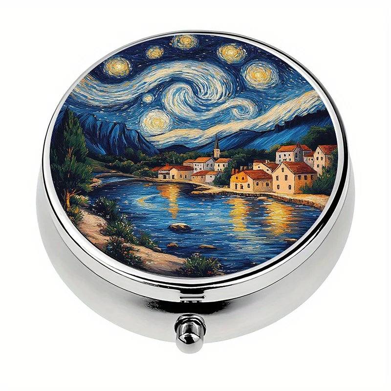 1 piece, portable travel pill box, contains 3 pill compartments, night sky mini decorative pill box, pill storage box, unique travel gift