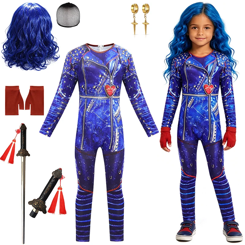 Girls Evil Queen Daughter Long Sleeve Jumpsuit Halloween Cosplay Descendant Performance Children's Costume Carnival Kids Clothes