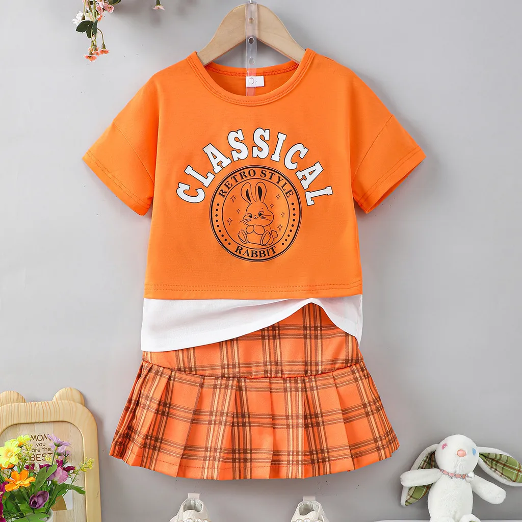 2PCS Children Girl Summer Clothes Set Short Sleeved Letter Print T-shirt+Plaid Skirt School Style Outfit Suit for Kids 4-7 Years