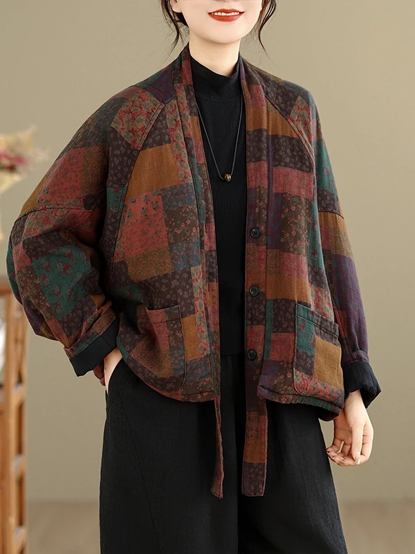 

Retro Digital Print Batwing Sve Cotton Jaet for Women Button up Thiened Winter Coat Versatile Straight Cut Commute Sle