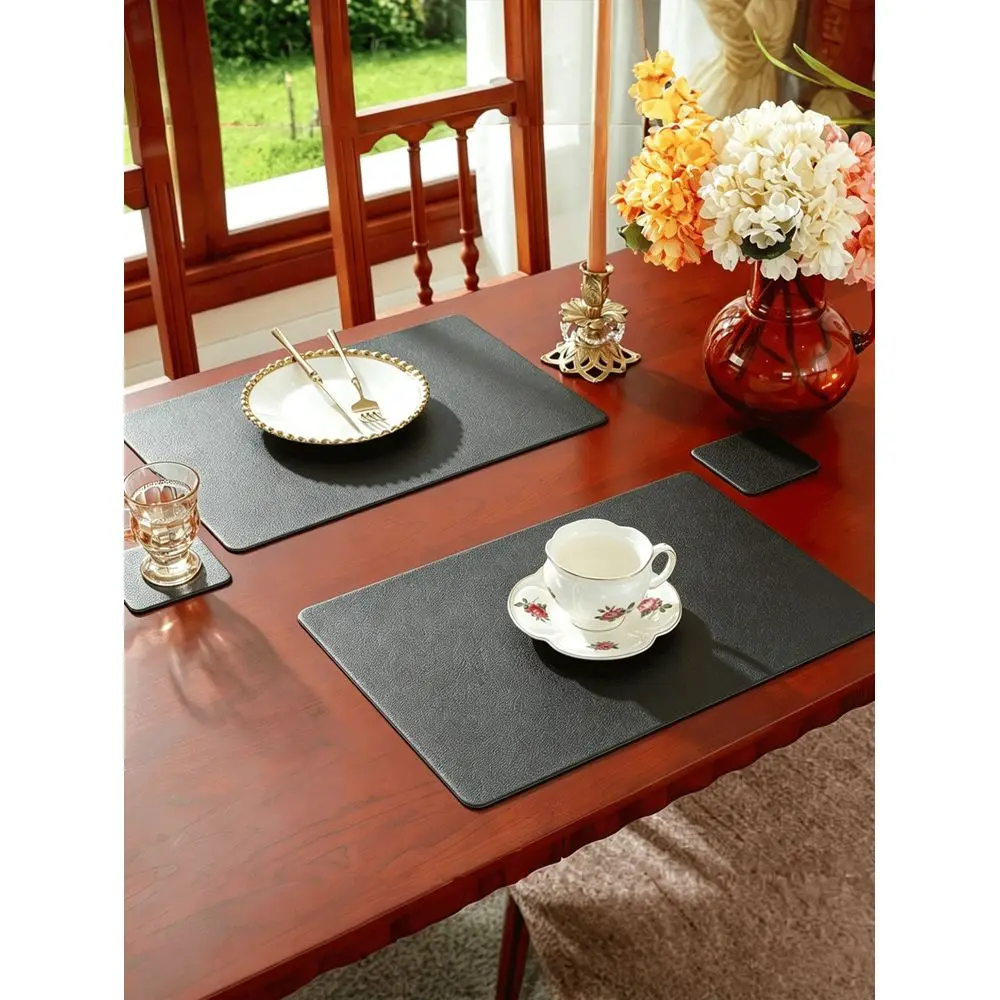 6pcs Solid Color Rectangular Thickened Faux Leather HeatResistant Placemats Coasters, Hotel And Restaurant Decor, Suitable For