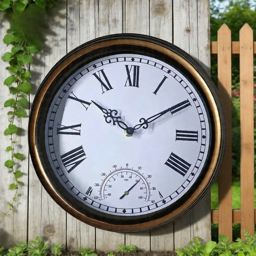 12 Inch Waterproof Outdoor Garden Retro Wall Clock Home Decoration Indoor and Outdoor Quartz Wall Clock with Thermometer