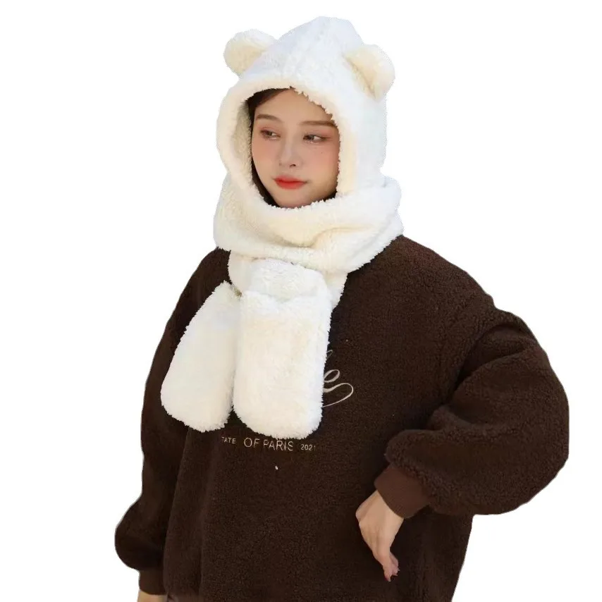 Winter Thickened Bear Hats Scarf All-in-one Female Korean Style Cute Fashion Cycling Ourdoor Warm Fleece E1795