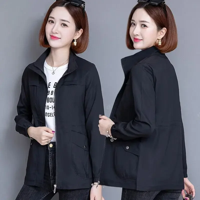 Mom Outfit Spring and Autumn New Stand Collar Jacket Solid Color Zipper Pockets Leisure Appears Thin Versatile Long-sleeved Coat