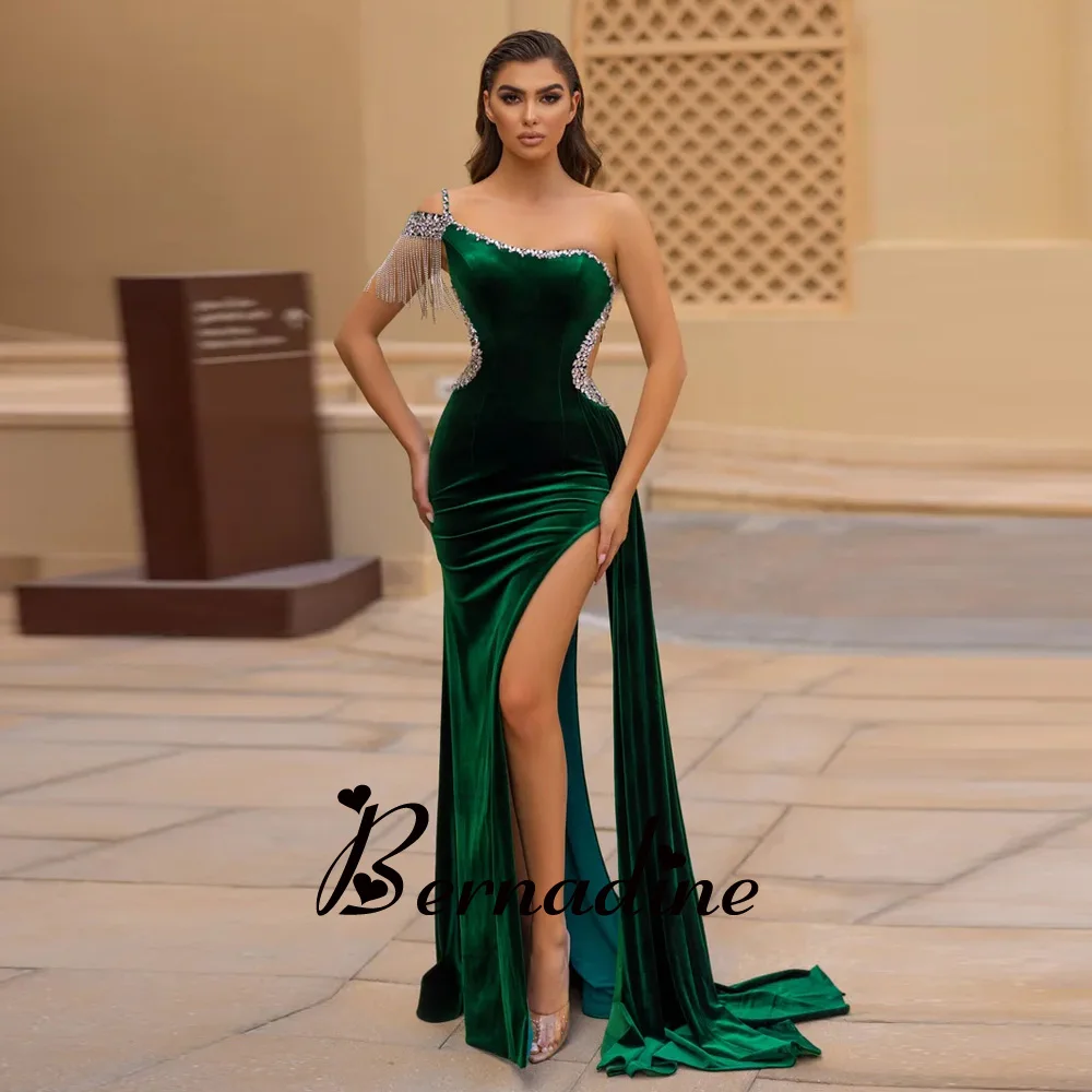 

Bernadine Charming Mermaid Velvet Prom One Shoulder for Bride Tassel Evening Gown with Rhinestones Slit Robes De Soirée 2024