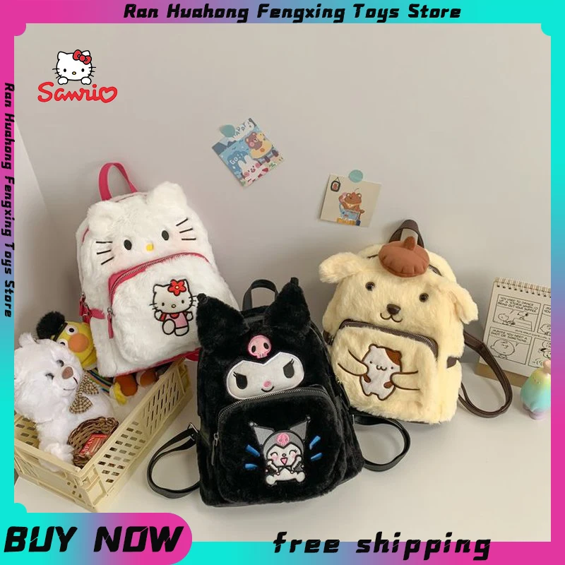 

Sanrio Backpack Kuromi Plush Bag Hello Kitty Y2k Schoolbag Pompom Purin Bagpack Travel Makeup Storage Girl Kawaii Plushies Gift