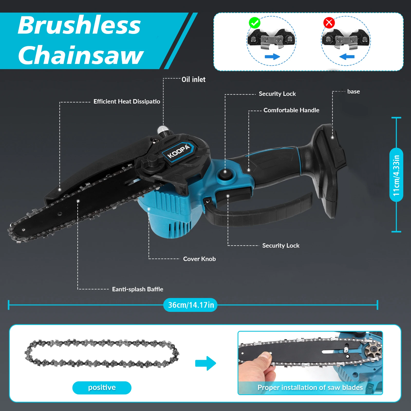 Koopa Mini Cordless 6 Inch Portable Brushless Electric ChainSaw Automatic Oiler,Support 18V makita battery