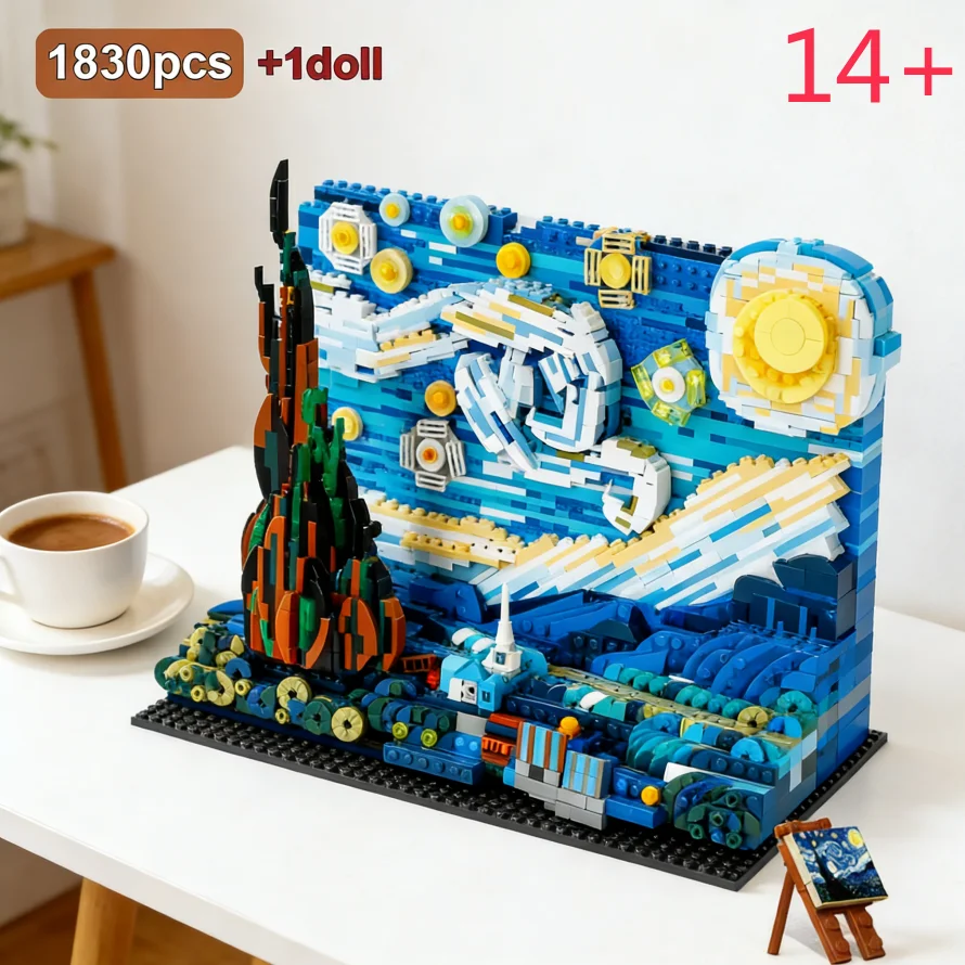 New 1830Pcs Van Gogh Starry Sky World Building Blocks  Famous Painting  Children's Educational Assembling 3D Model STEM Toy