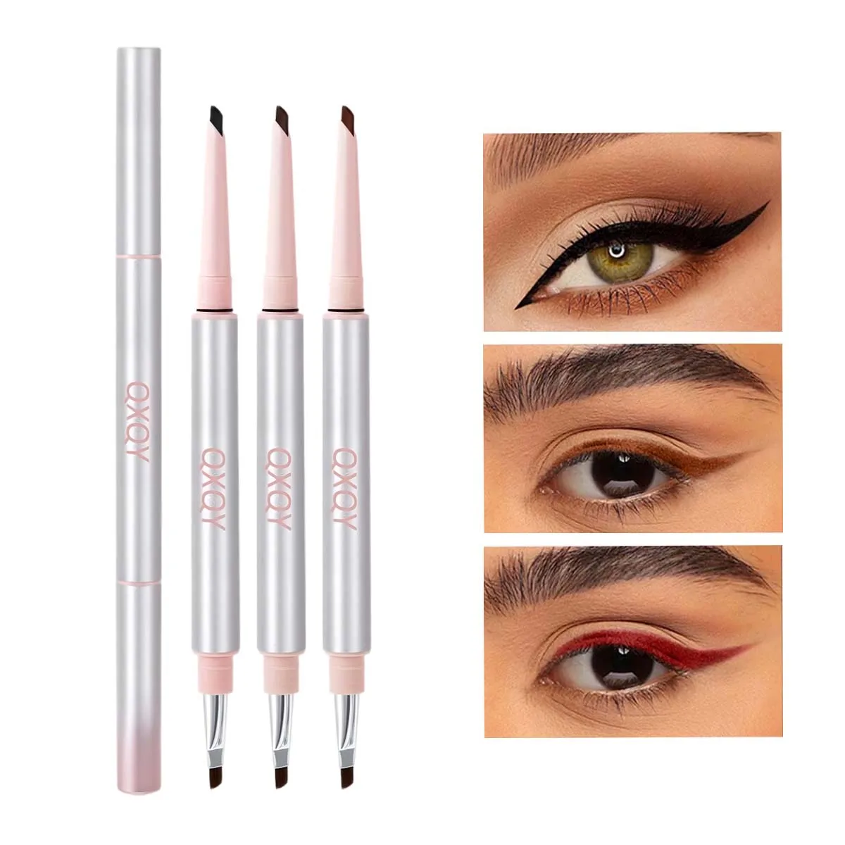 QXQY قلم تحديد العيون الجل الحريري الناعم 1 مم طرف رفيع مزدوج الأطراف مع فرشاة مزج مقاومة للماء وعين مكياج طويلة الأمد #1