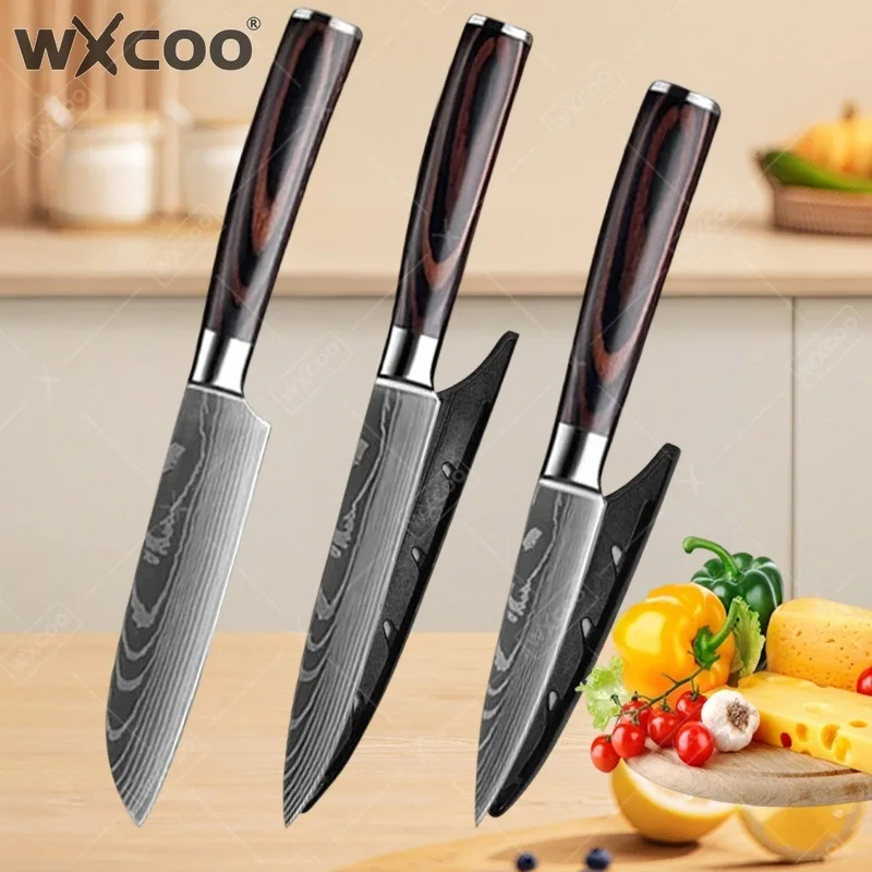 WXCOO 1~3 Pcs Knife Kitchen Damascus Laser Santoku Japanese Cleaver Utility Slicing Chef Wooden Handle Kitchen Accessories
