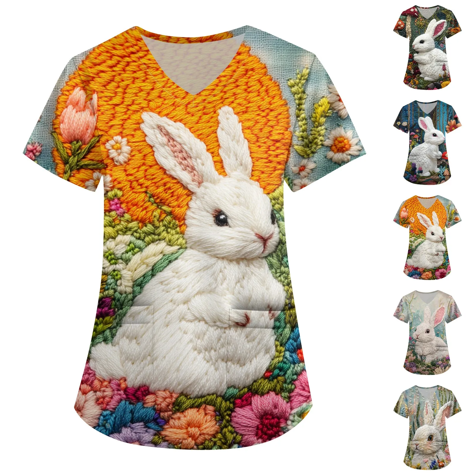 Women Easter Day Nurse Uniform Scrubs Bunny Rabbit Graphic Funny Letter Print Short Sleeve Nursing Medical Healthcare Uniforms