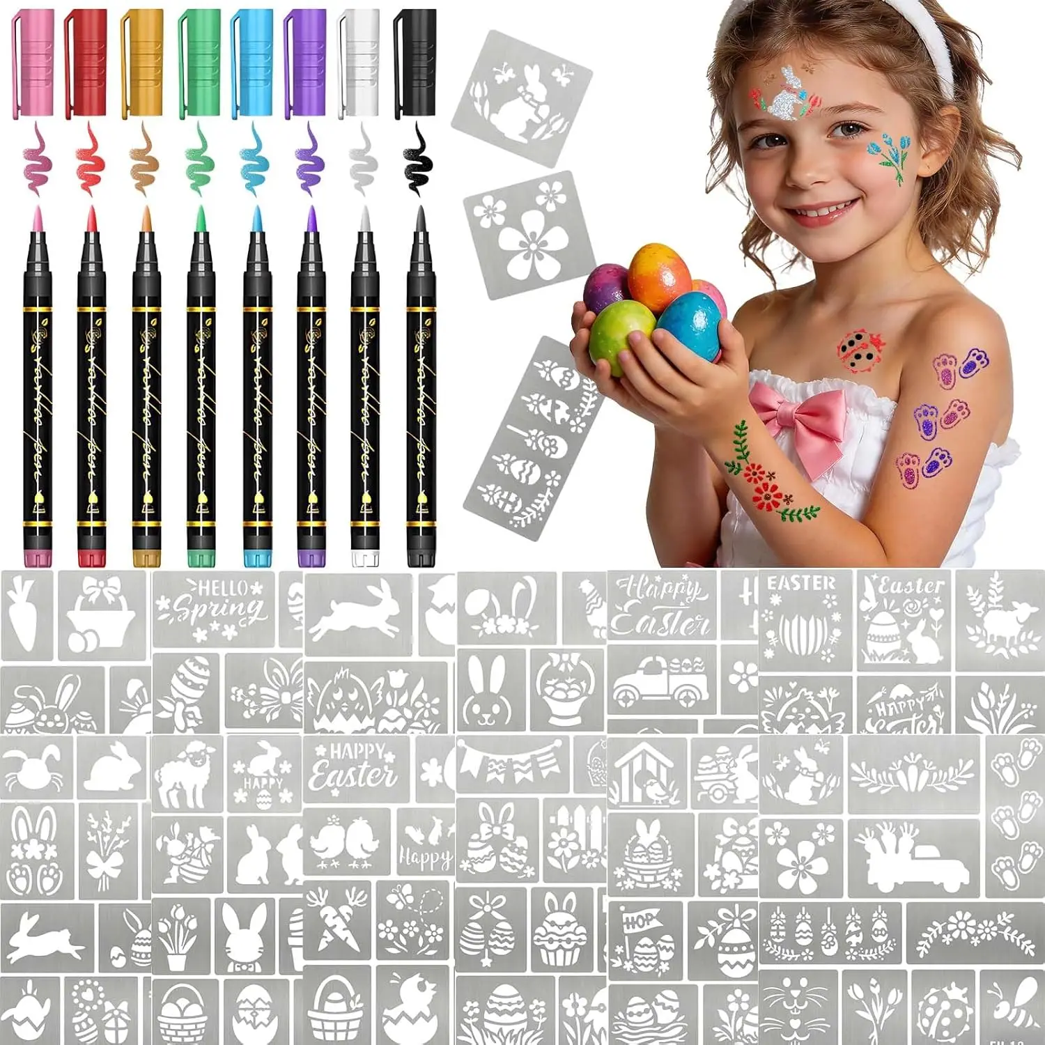 

145PCS Easter Face Paint Stencils with 8 Markers, Temporary Tattoo Set for Kids & Adults, Party Favors & Decorations