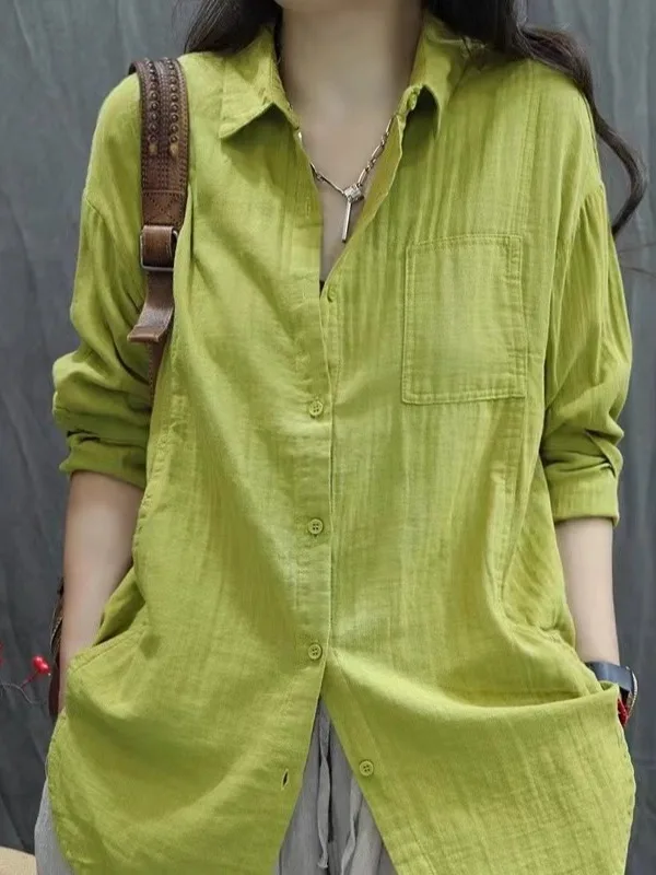 Women's Cotton Linen irt Spring Autumn Thin Outerwear Long Sve Faionable Large Size Mid-Length Top Button-Up  Collar