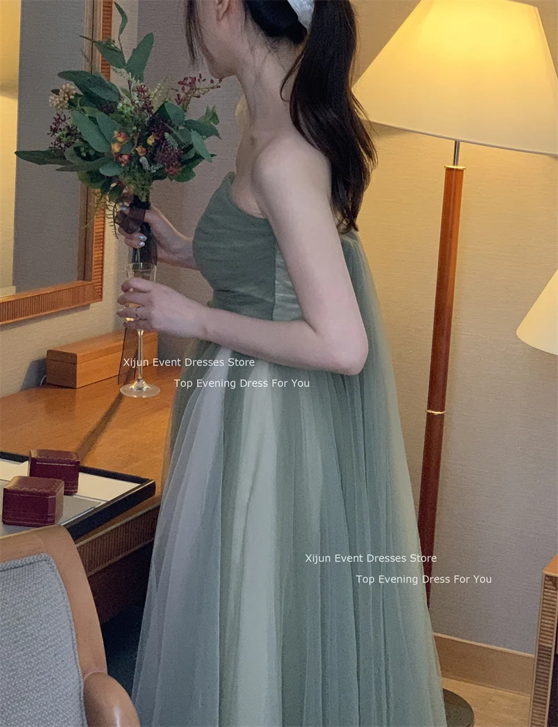 Xijun Fairy Sage Green Tulle Korea Evening Dresses Off the Shoulder Sleeves Ankle Length Prom Gowns Wedding Party Dresses 2024