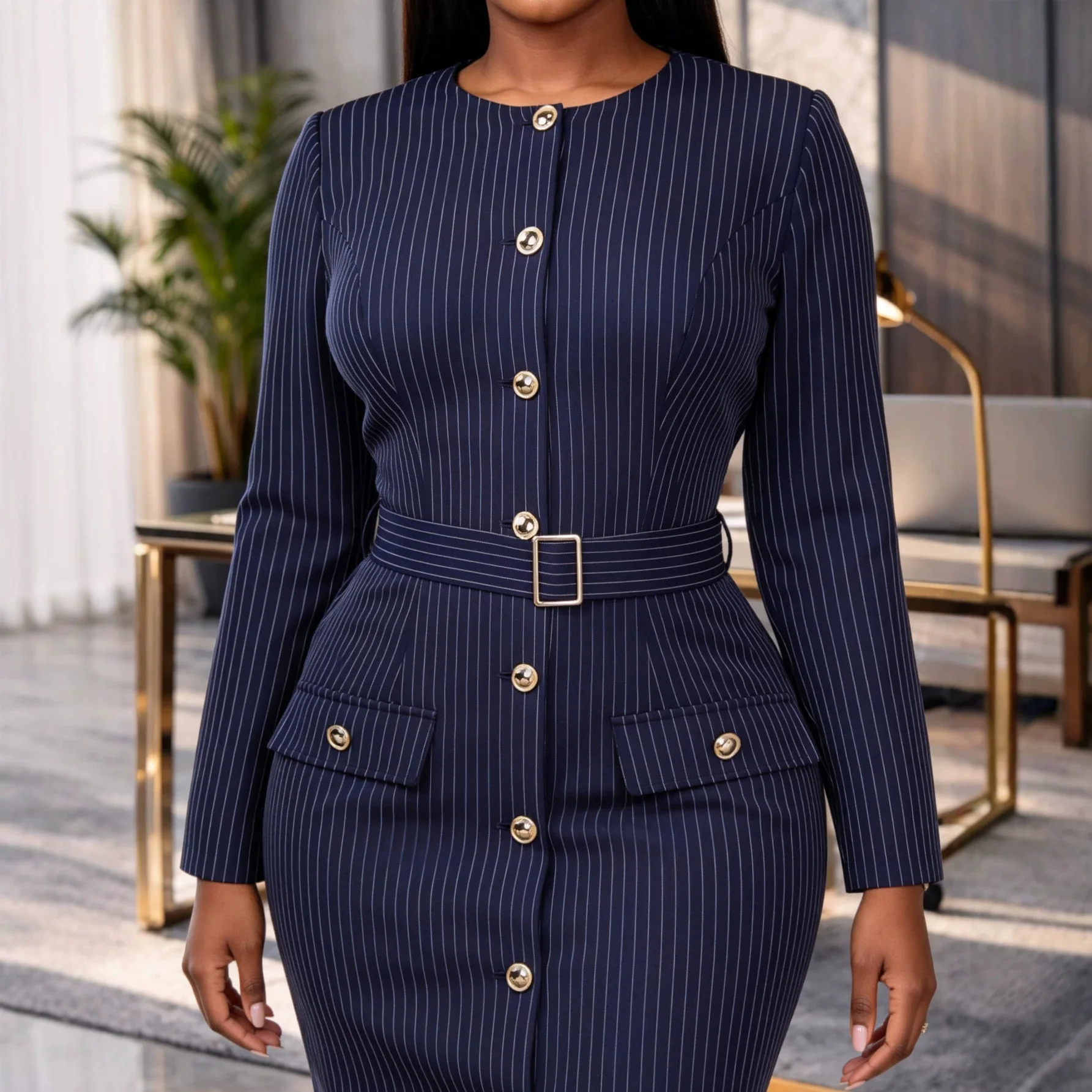 New Autumn. Strip Yarn-dyed Elegant Slim-fit Body Clothes, Waist-cinching Slimming Single-breasted Lady Cloth Clothes Maxi Lace