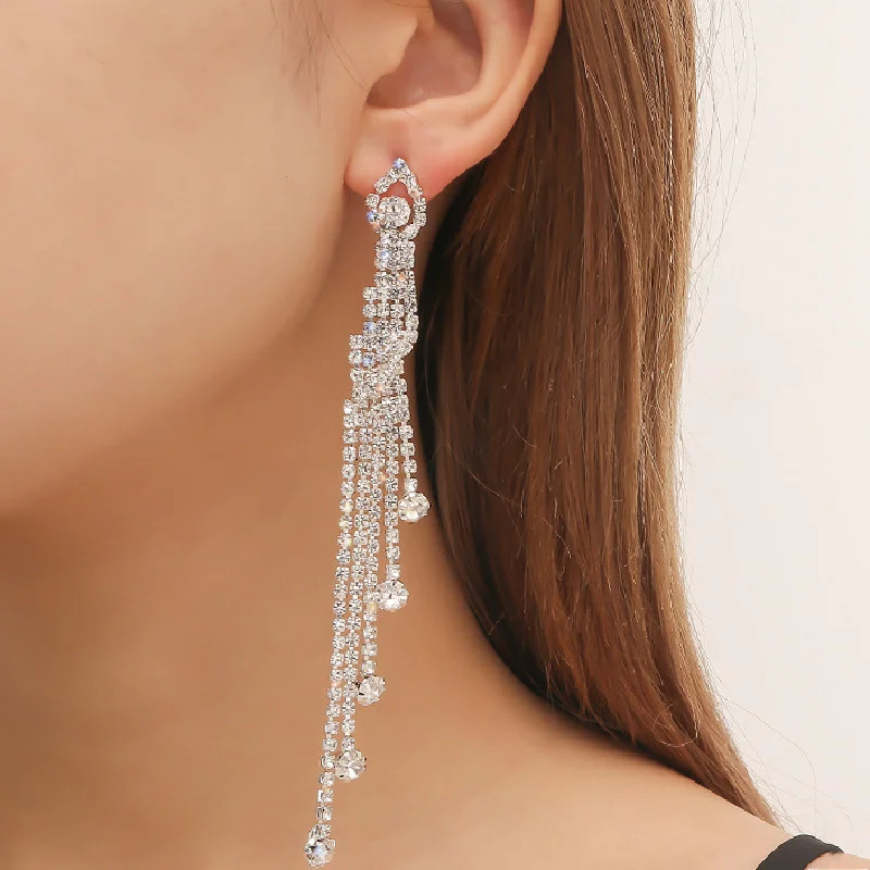 FYUAN Fashion Long Tassel Crystal Drop Earrings for Women Silver Color Rhinestone Hanging Dangle Earring Bridal Wedding Jewelry