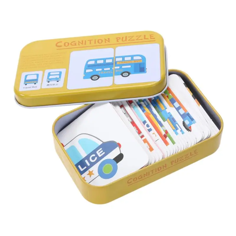 Giocattoli per l'apprendimento della cognizione Montessori per bambini Scatola di ferro per bambini Carte Giochi di abbinamento Auto cognitiva Frutta Vita animale Puzzle