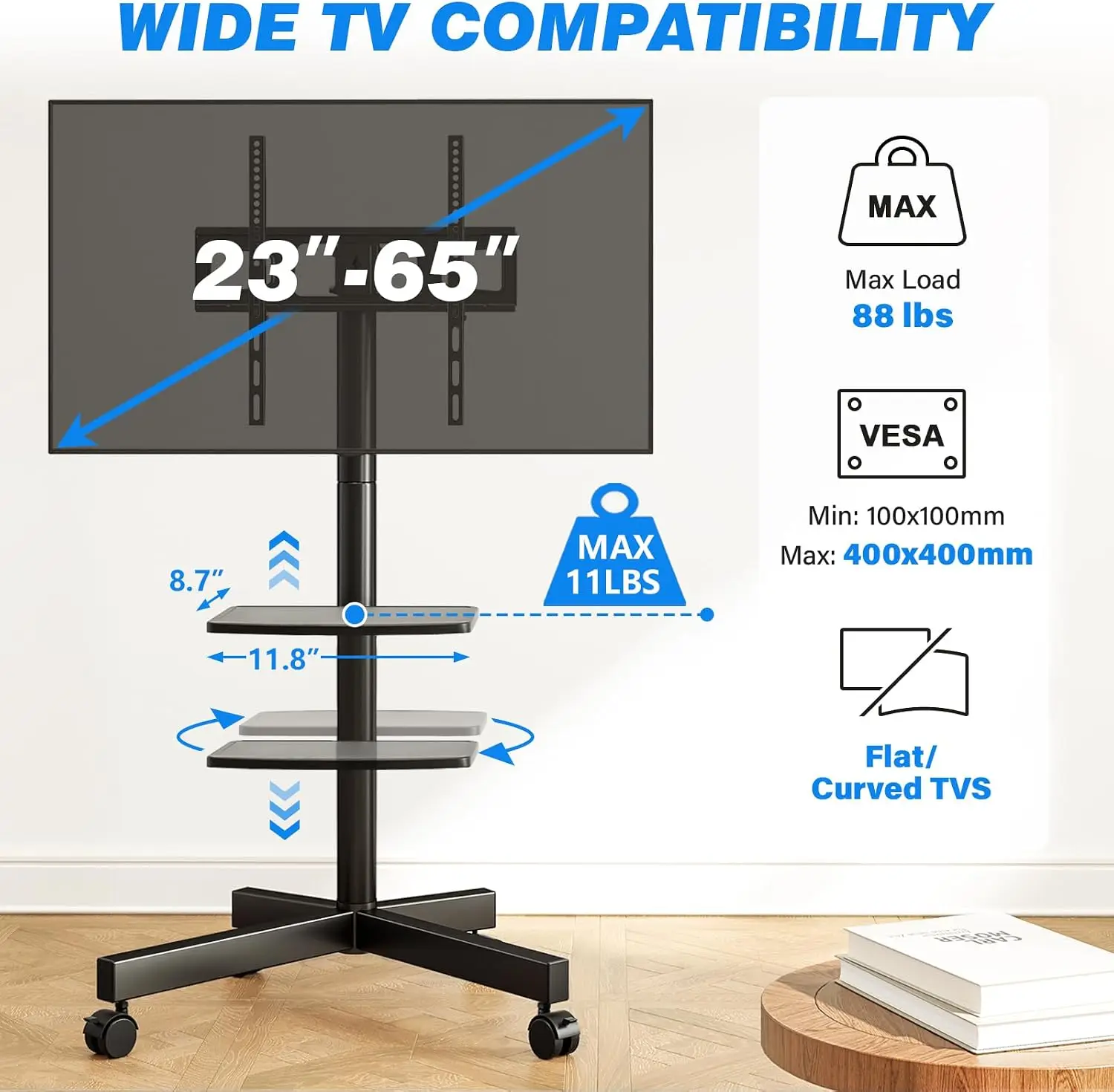 Mobile TV Stand for 23-65 Inch Flat/Curved TVs up to 88 lbs, Rolling Cart with Shelf & Tilt, Portable Floor Stand for Bedroom, Living Room, Office view 2