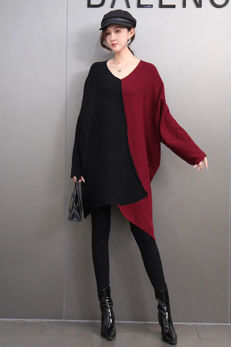 2024 Autumn Winter New Elegant V Neck Contrast Color Patchwork Sweater Loose Long Sleeve Thick Warm Knitted Sweater Women J617