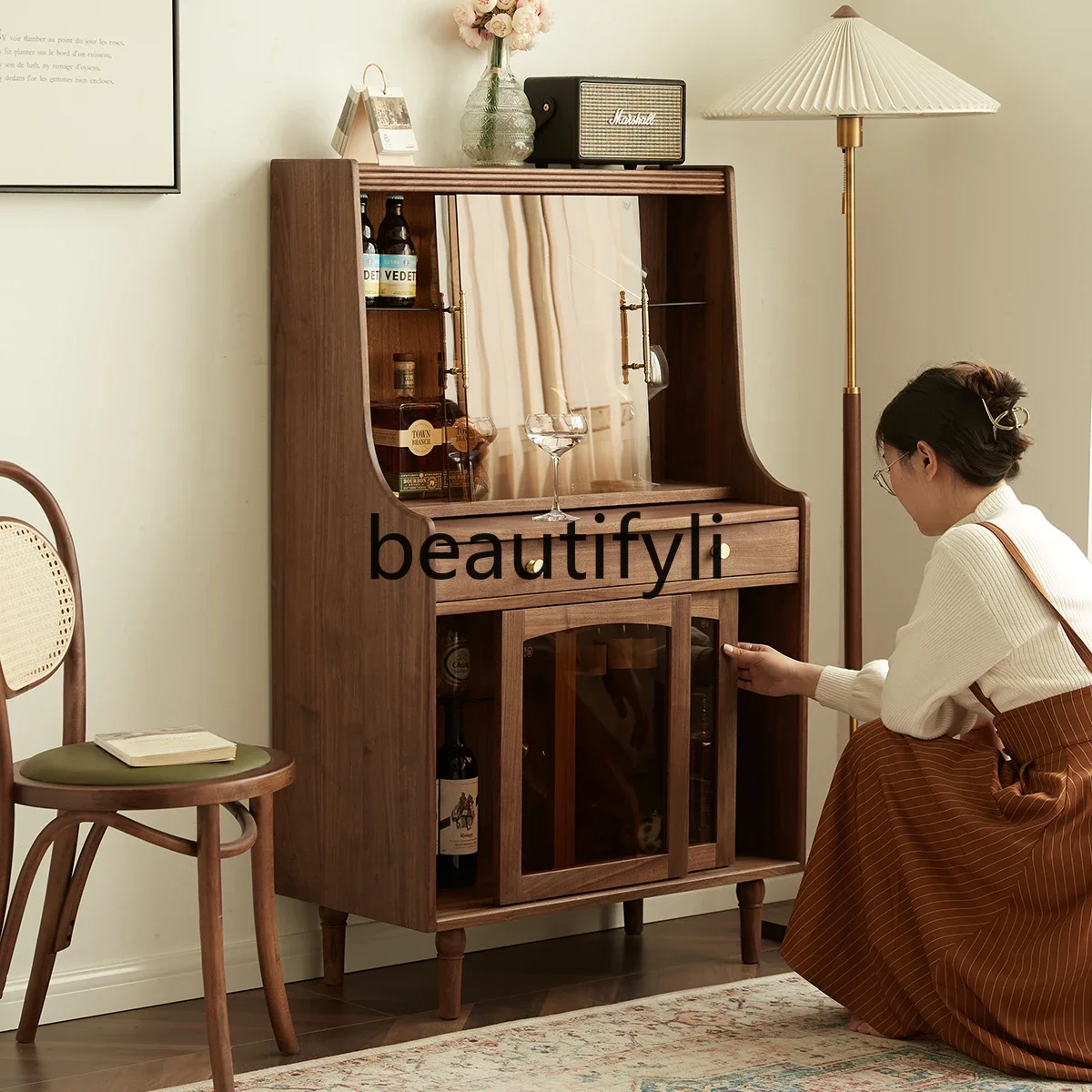 Edge cabinet integrated against the wall, black walnut solid wood, living room cabinet, household retro wine cabinet, locker