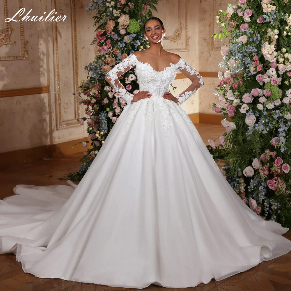 

Lhuilier A Line Off the Shoulder Wedding Dresses Full Sleeves Lace Appliques Beaded Bridal Gowns with Chapel Train