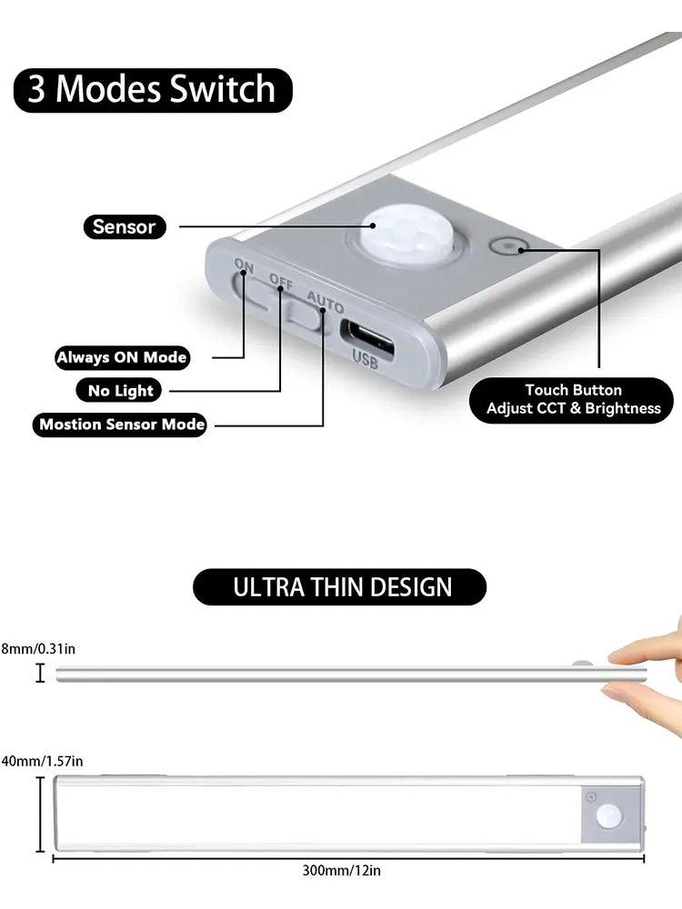 PAK 90LED أضواء تحت الكابين محس حركة 3 درجة حرارة اللون عكس الضوء خزانة أضواء لاسلكية 2200mAh Type-C USB قابلة للشحن