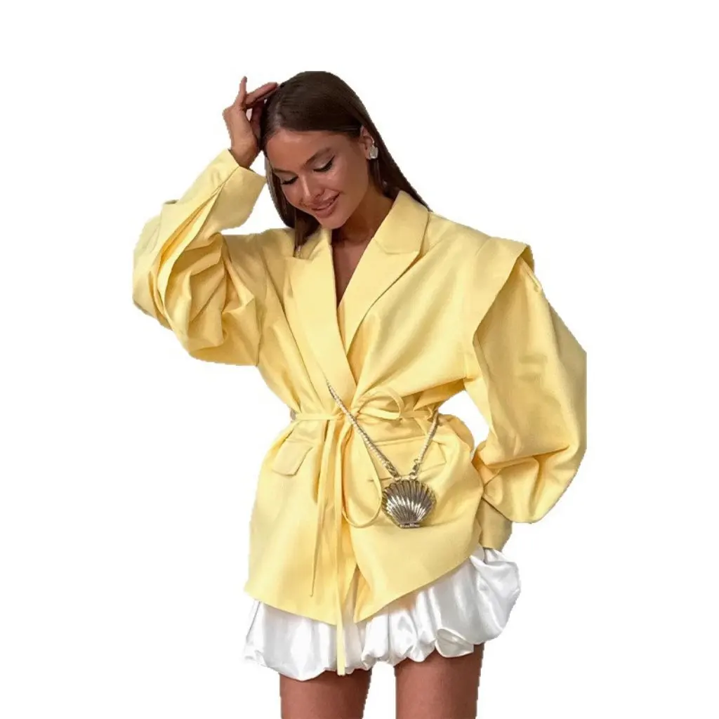 

Elegant V Neck Lace-Up Shoulder Pad Suit Jacket for Women Spring Fashion European American Style Commuter Wear