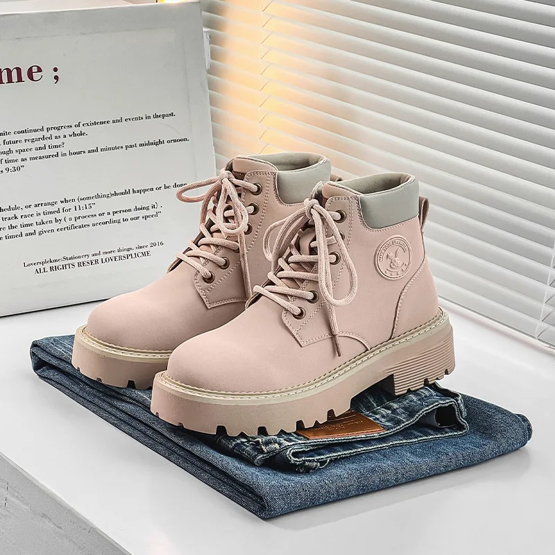 Botas locomotivas de couro com cordões para mulheres, de sola grossa, de elevação, versáteis, rosa, de cano médio, retrô, estilo britânico, casual