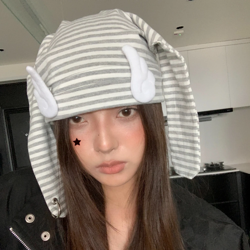Y2K Cute Subculture Rabbit Ears Hat Millennium Style Sweet Cool Niche Personalised Pullover Hat Funky Striped Winged Wrap Hat
