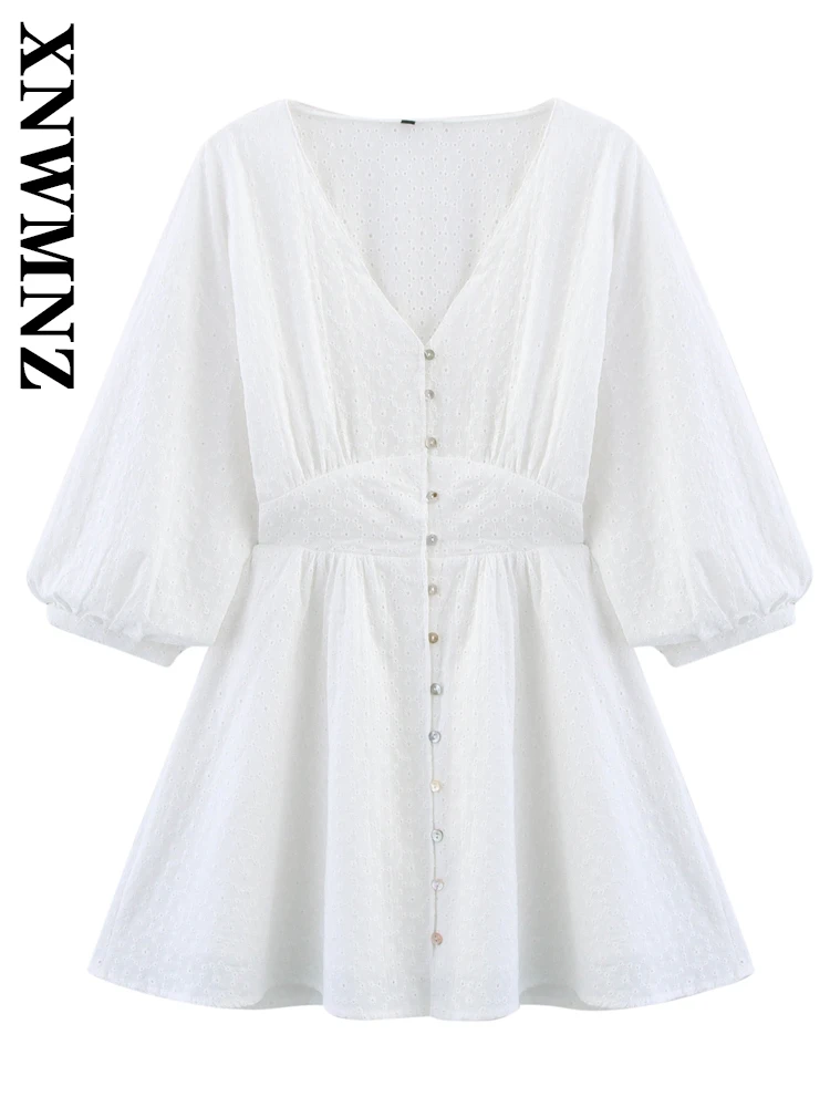

XNWMNZ 2025 Summer Female Hipster Mini Skirt Dresses Trendy Woman V-Collar Long Sleeve Top embroidery Regular Fit Dress Ruffles