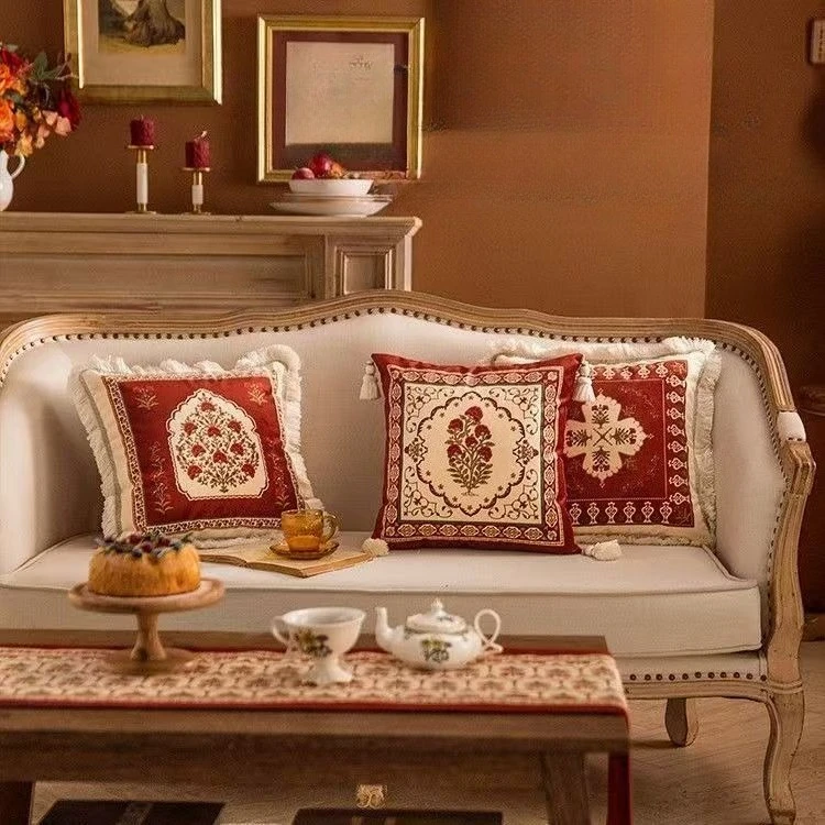 Red Retro Flower Printed Fringed Pillow Cases Luxury Pillow Cover Decorative Soft Dutch Velvet Square Cushion Cover Home Dector