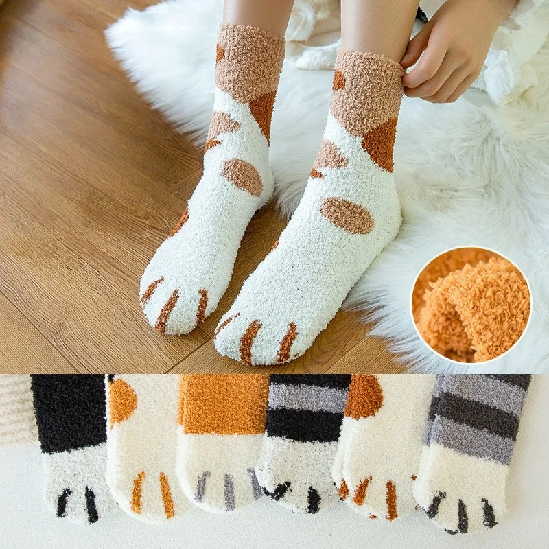 Damen-Socken mit süßer Katzenpfoten-Korallen-Fleece-Motiv, Winter, thermisch, dick, warm, flauschig, mittlere Wadensocken, rutschfest, für Zuhause, Boden, Schlaf, Haus, gemütliches Geschenk
