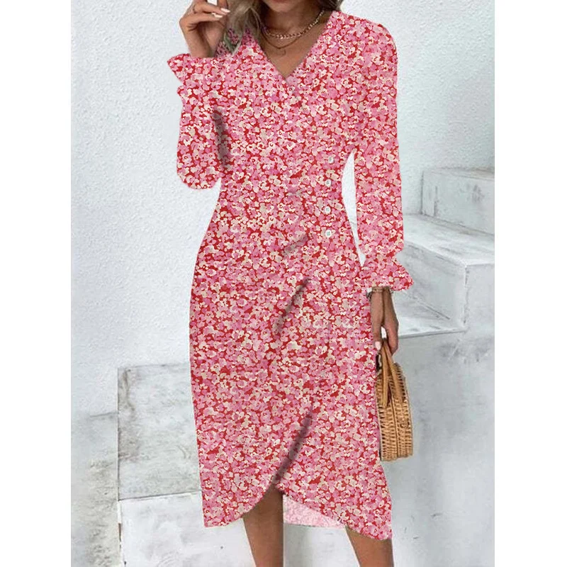 فستان نسائي بأكمام طويلة برقبة حرف V ، مزاجه أنيق ، أحادي اللون ، طباعة بأزرار ، شارع ، متعدد الاستخدامات ، مناسب للجسم ، الربيع ، الخريف #1