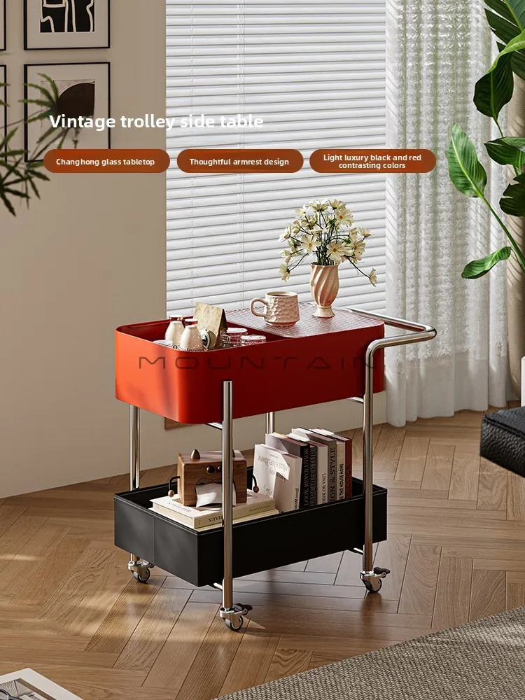 Vintage Small Trolley Side Table Movable Living Room Mini Storage Rack Light Luxury High-End Feel