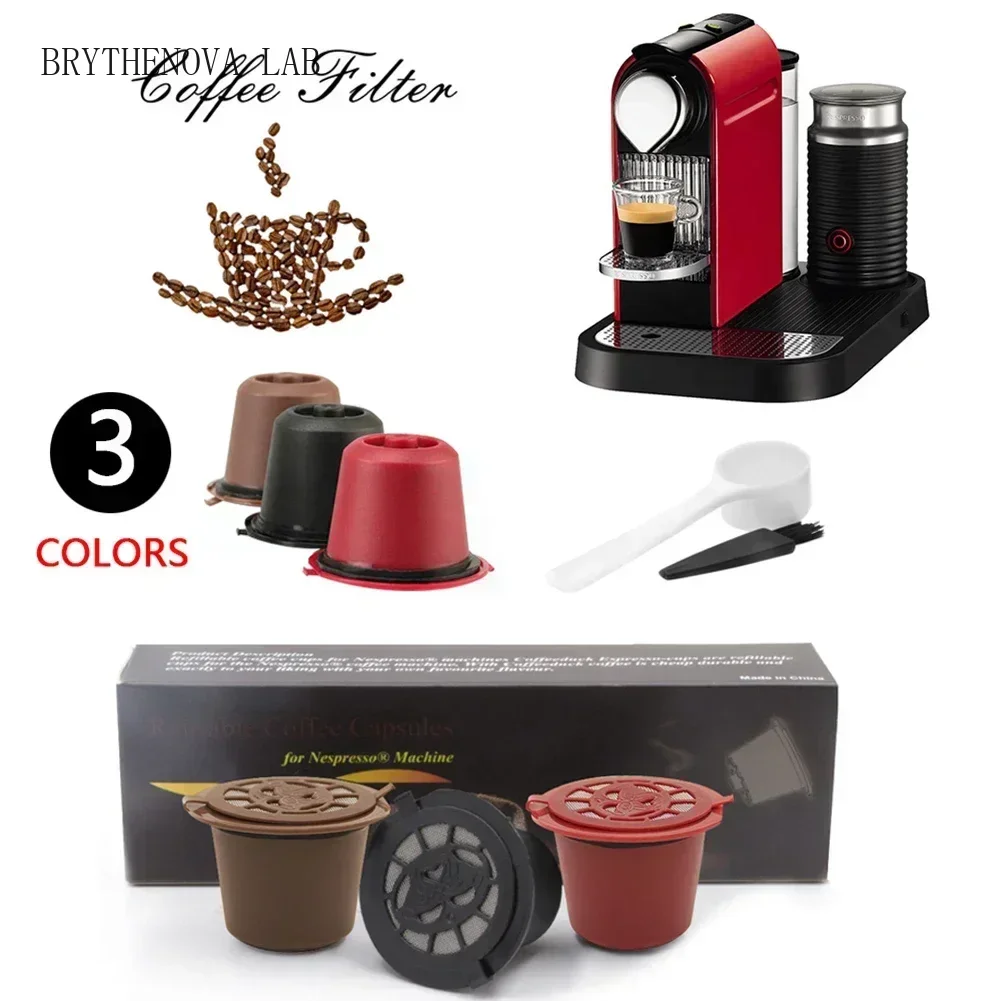 3Pcs Coffee Capsule Refillable Coffee Capsule Filter Cup Machine Nespresso Plastic Filter Cups Spoon Brush Coffeeware