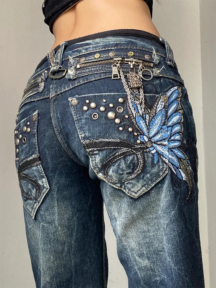 

American Fashion High Street Large Size Butterfly Embroidered Women Jeans Y2K Millennium Harajuku Slim Flared Jeans