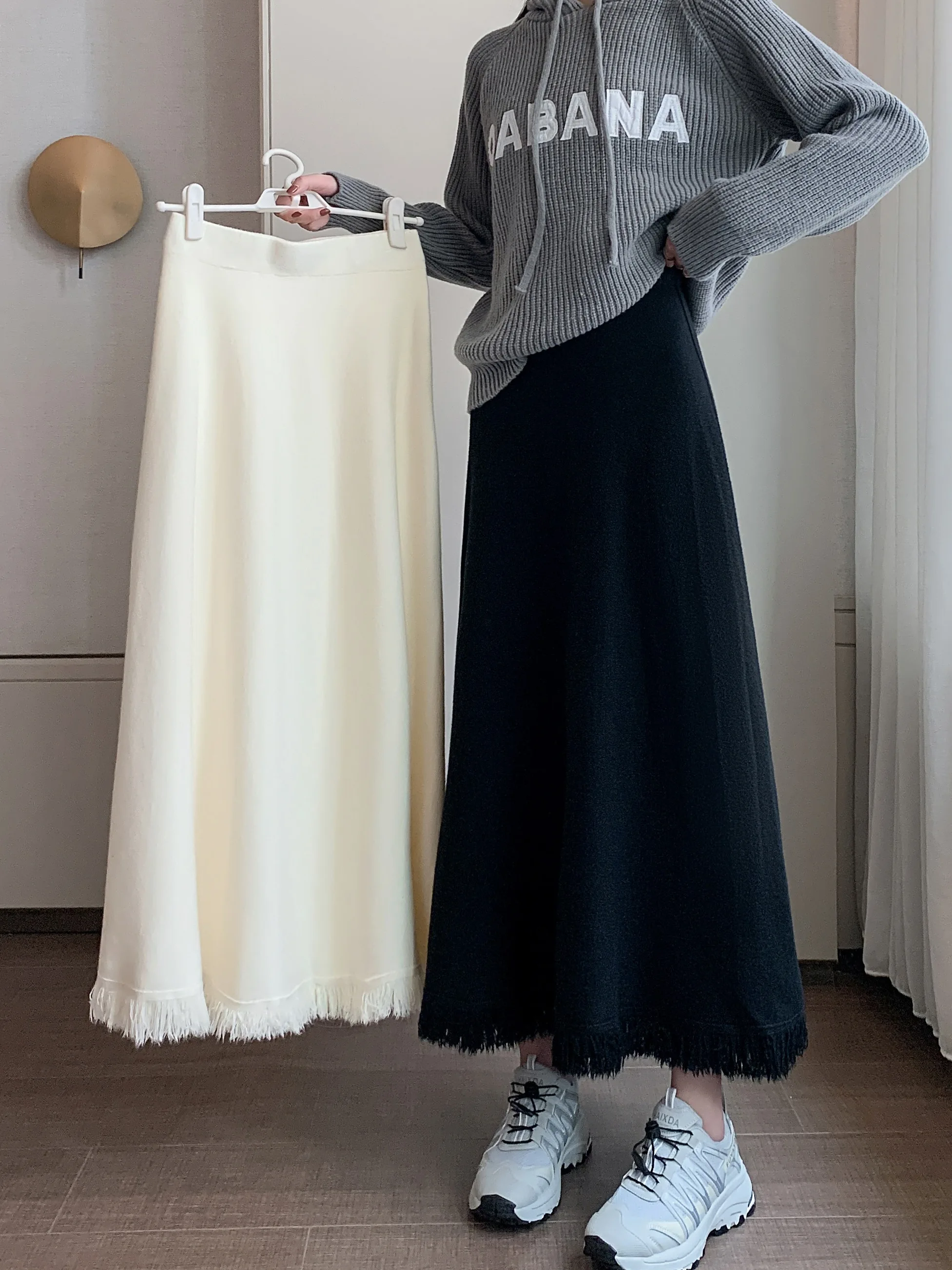 하이웨이스트 니트 태슬 스커트 여성용 가을 겨울 신상 달콤한 스타일 폴리에스터 섬유 수제 플리츠 A라인 스커트