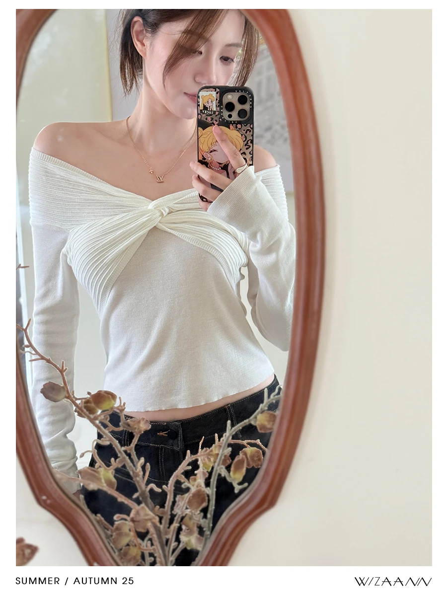 

WizAann Silver Feather Flow Loose Женская повседневная одежда: Трикотажный свитер с одним открытым плечом и длинными рукавами, осенняя верхняя одежда