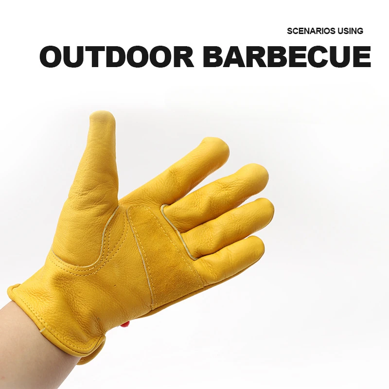 Versatile Outdoor Tools – 1 Pair of Yellow Cowhide Gloves Soft Sensitive Heat Protection Finger Guards Household Gloves