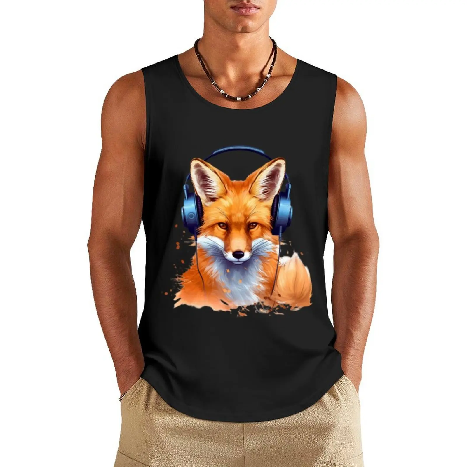 

Red Fox Wearing Headphones Tank Top Body man Vest Bodybuilding shirt