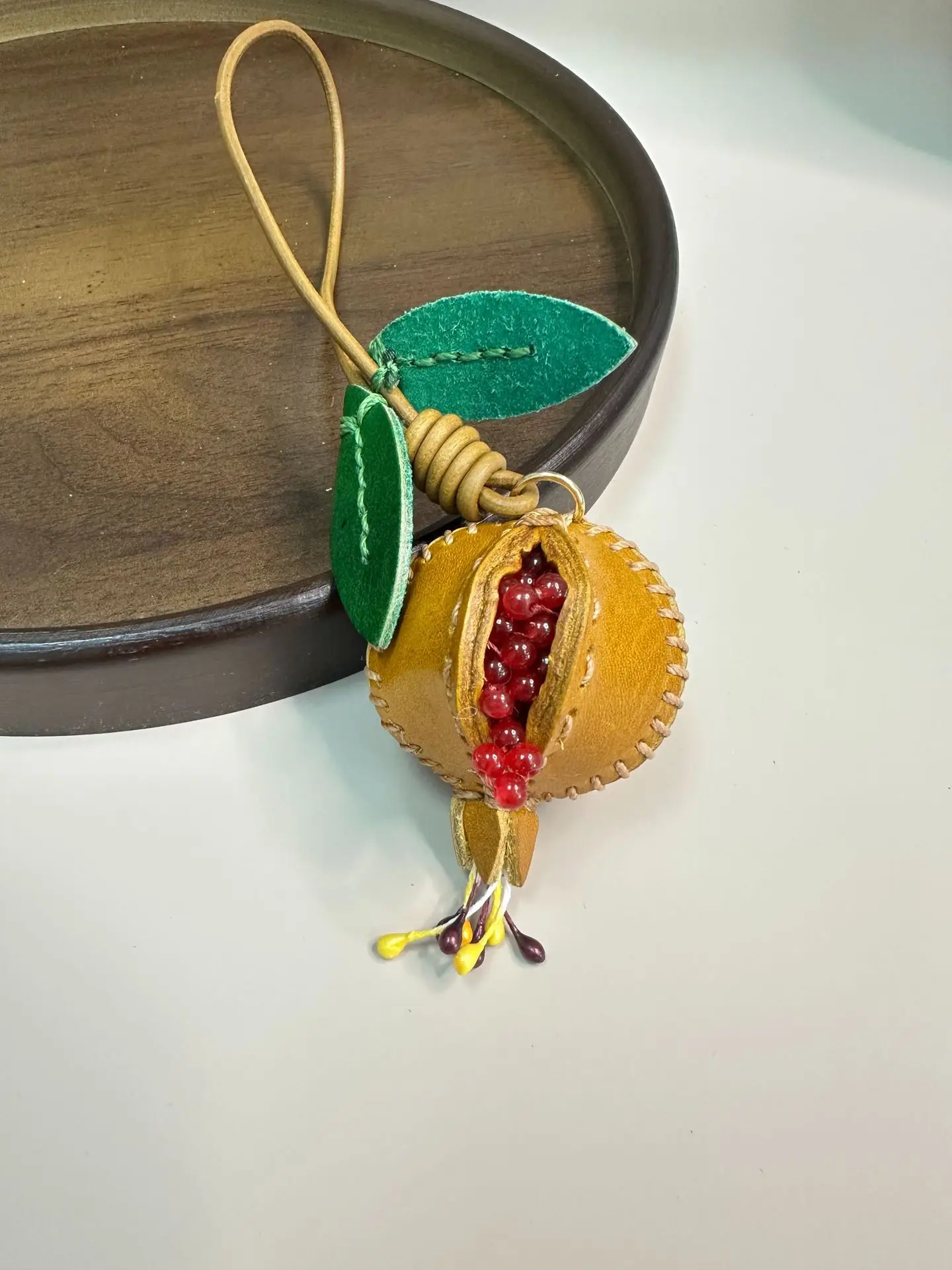 Pomegranate Fruit Real Leather Bag Charm Triangle Bag Pendant Wind Car Rearview Mirror Hanging Ornament Accessory