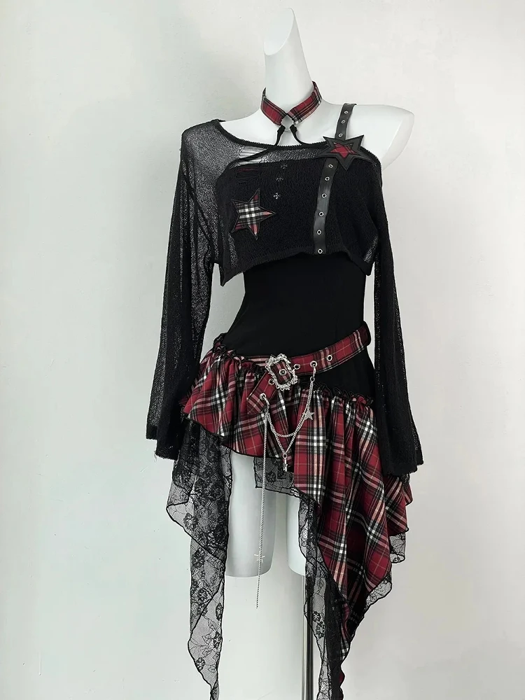 

American Sweet And Spicy Sle Women's Summer 2025 New Bla Cover up + Asymmetrical Waist Cinched Dr Two-Piece Set