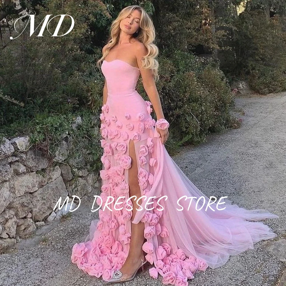 MD Modern Pink Abito da sera Spacco alto laterale Sweetheart A-line con fiori fatti a mano Prom Down abiti da festa Personalizzato 2025