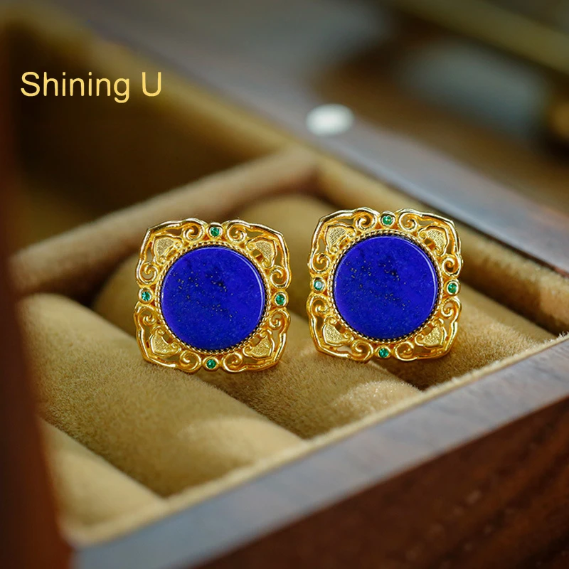 

Shining U Vintage S925 Silver Lapis Lazuli Round Stud Earrings for Women Gold Plated Fine Jewelry New Chinese Style Gift