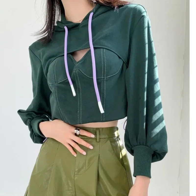 2023 Fashion Sexy Hollow Hooded Pullovers Short Lantern Sleeve Top New Korean Style Women Autumn and Winter Harajuku Hoodie New